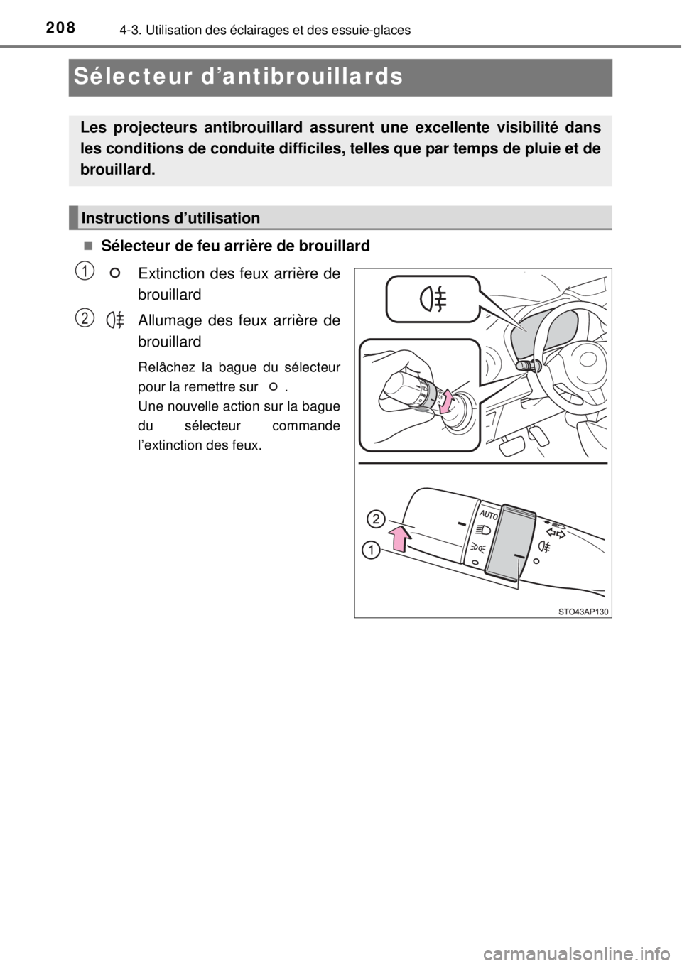 TOYOTA YARIS 2015  Notices Demploi (in French) 2084-3. Utilisation des éclairages et des essuie-glaces
Sélecteur d’antibrouillards
Sélecteur de feu arrière de brouillard
Extinction des feux arrière de
brouillard
Allumage des feux arrièr