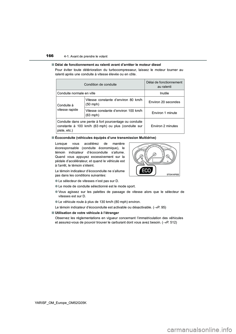 TOYOTA YARIS 2016 Notices Demploi (in French) 1664-1. Avant de prendre le volant
YARISF_OM_Europe_OM52G05K
■ Délai de fonctionnement au ralenti avant d’arrêter le moteur diesel
Pour éviter toute détérioration du turbocompresseur, laiss TOYOTA YARIS 2016 Notices Demploi (in French) 1664-1. Avant de prendre le volant
YARISF_OM_Europe_OM52G05K
■ Délai de fonctionnement au ralenti avant d’arrêter le moteur diesel
Pour éviter toute détérioration du turbocompresseur, laiss