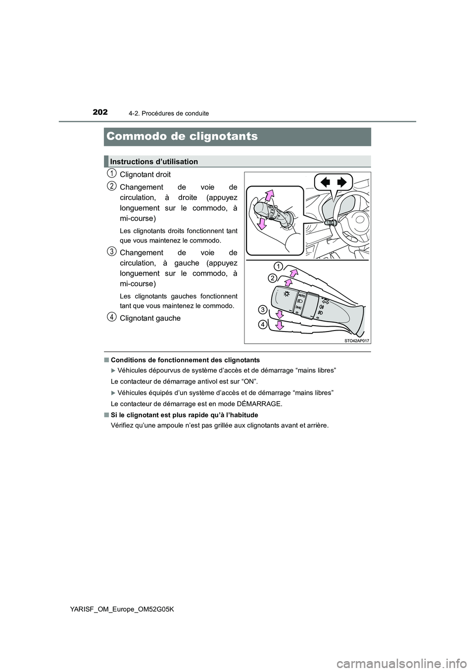 TOYOTA YARIS 2016  Notices Demploi (in French) 2024-2. Procédures de conduite
YARISF_OM_Europe_OM52G05K
Commodo de clignotants
Clignotant droit 
Changement de voie de 
circulation, à droite (appuyez 
longuement sur le commodo, à 
mi-course)
Les
