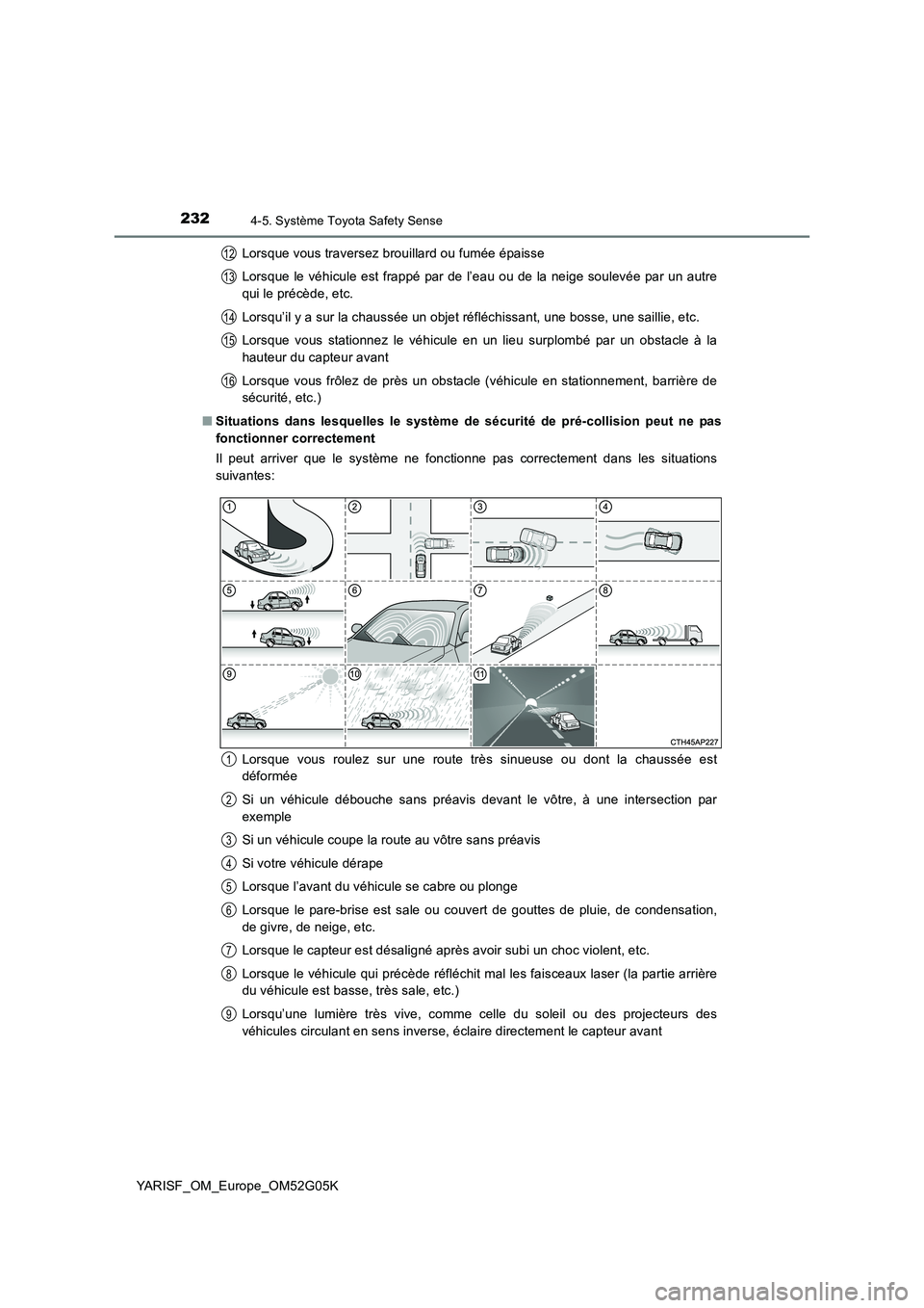 TOYOTA YARIS 2016  Notices Demploi (in French) 2324-5. Système Toyota Safety Sense
YARISF_OM_Europe_OM52G05K 
Lorsque vous traversez brouillard ou fumée épaisse 
Lorsque le véhicule est frappé par de l’eau ou de la neige soulevée par un au