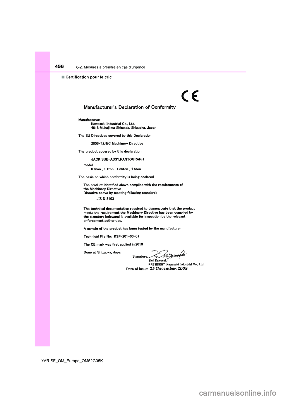 TOYOTA YARIS 2016  Notices Demploi (in French) 4568-2. Mesures à prendre en cas d’urgence
YARISF_OM_Europe_OM52G05K 
■ Certification pour le cric 