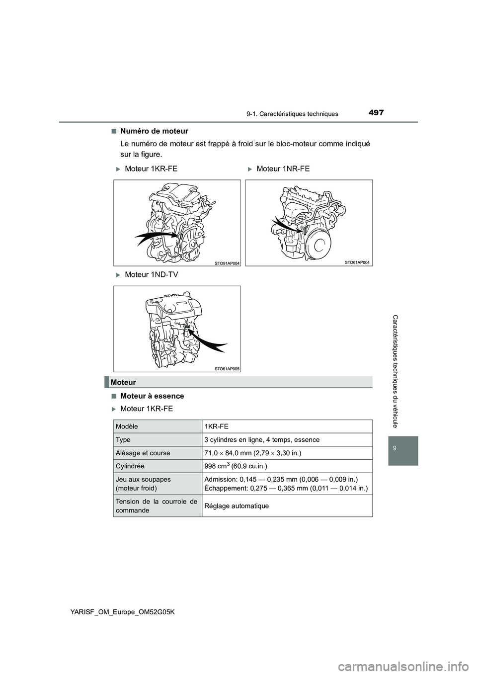 TOYOTA YARIS 2016  Notices Demploi (in French) 4979-1. Caractéristiques techniques
9
Caractéristiques techniques du véhicule
YARISF_OM_Europe_OM52G05K 
■Numéro de moteur 
Le numéro de moteur est frappé à froid sur le bloc-moteur comme ind