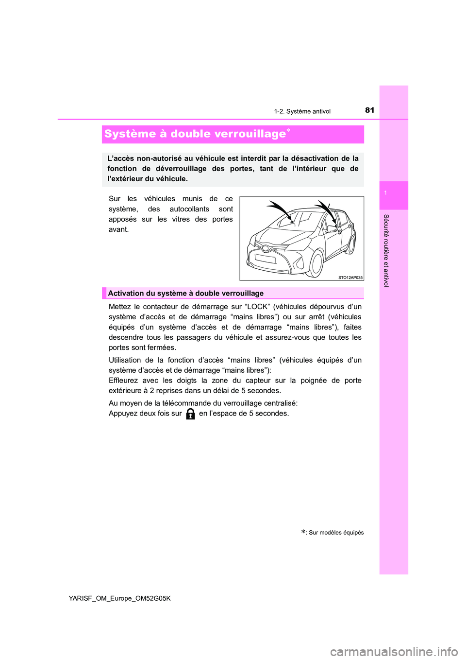 TOYOTA YARIS 2016 Notices Demploi (in French) 81
1
1-2. Système antivol
Sécurité routière et antivol
YARISF_OM_Europe_OM52G05K
Système à double verrouillage
Sur les véhicules munis de ce
système, des autocollants sont
apposés sur le TOYOTA YARIS 2016 Notices Demploi (in French) 81
1
1-2. Système antivol
Sécurité routière et antivol
YARISF_OM_Europe_OM52G05K
Système à double verrouillage
Sur les véhicules munis de ce
système, des autocollants sont
apposés sur le