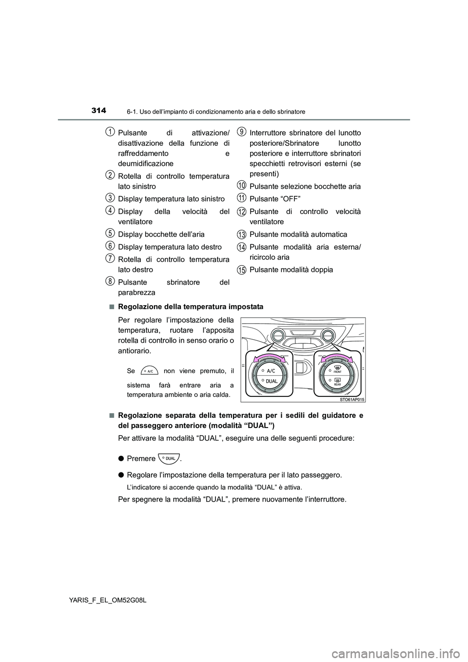 TOYOTA YARIS 2016 Manuale duso (in Italian) 3146-1. Uso dell’impianto di condizionamento aria e dello sbrinatore
YARIS_F_EL_OM52G08L
■Regolazione della temperatura impostata
Per regolare l’impostazione della
temperatura, ruotare l’ap TOYOTA YARIS 2016 Manuale duso (in Italian) 3146-1. Uso dell’impianto di condizionamento aria e dello sbrinatore
YARIS_F_EL_OM52G08L
■Regolazione della temperatura impostata
Per regolare l’impostazione della
temperatura, ruotare l’ap