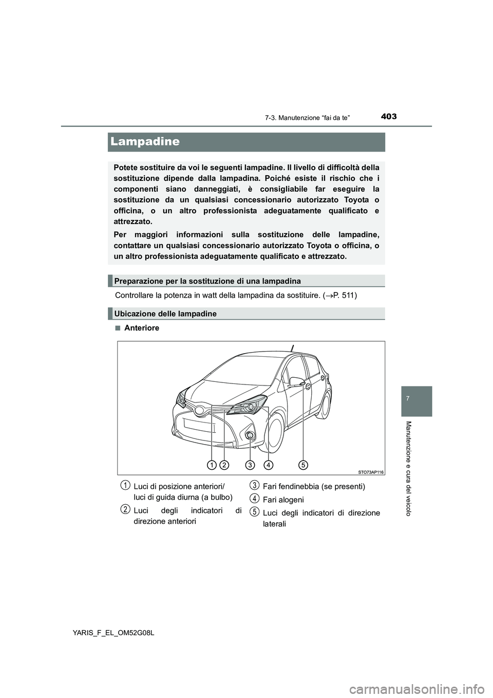 TOYOTA YARIS 2016 Manuale duso (in Italian) 4037-3. Manutenzione “fai da te”
7
Manutenzione e cura del veicolo
YARIS_F_EL_OM52G08L
Lampadine
Controllare la potenza in watt della lampadina da sostituire. (P. 511)
■Anteriore
Potete sosti TOYOTA YARIS 2016 Manuale duso (in Italian) 4037-3. Manutenzione “fai da te”
7
Manutenzione e cura del veicolo
YARIS_F_EL_OM52G08L
Lampadine
Controllare la potenza in watt della lampadina da sostituire. (P. 511)
■Anteriore
Potete sosti