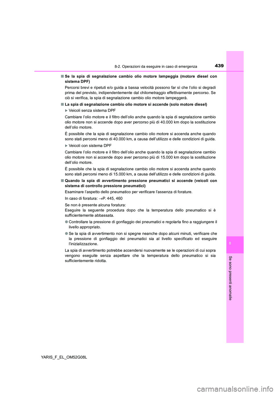 TOYOTA YARIS 2016 Manuale duso (in Italian) 4398-2. Operazioni da eseguire in caso di emergenza
8
Se sono presenti anomalie
YARIS_F_EL_OM52G08L
■ Se la spia di segnalazione cambio olio motore lampeggia (motore diesel con
sistema DPF)
Perco TOYOTA YARIS 2016 Manuale duso (in Italian) 4398-2. Operazioni da eseguire in caso di emergenza
8
Se sono presenti anomalie
YARIS_F_EL_OM52G08L
■ Se la spia di segnalazione cambio olio motore lampeggia (motore diesel con
sistema DPF)
Perco
