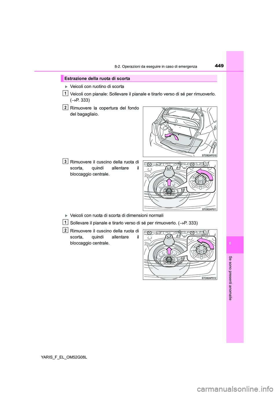 TOYOTA YARIS 2016  Manuale duso (in Italian) 4498-2. Operazioni da eseguire in caso di emergenza
8
Se sono presenti anomalie
YARIS_F_EL_OM52G08L
Veicoli con ruotino di scorta 
Veicoli con pianale: Sollevare il pianale  e tirarlo verso di sé 