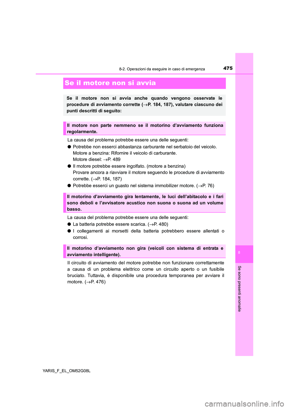 TOYOTA YARIS 2016 Manuale duso (in Italian) 4758-2. Operazioni da eseguire in caso di emergenza
8
Se sono presenti anomalie
YARIS_F_EL_OM52G08L
Se il motore non si avvia
La causa del problema potrebbe essere una delle seguenti:
● Potrebbe no TOYOTA YARIS 2016 Manuale duso (in Italian) 4758-2. Operazioni da eseguire in caso di emergenza
8
Se sono presenti anomalie
YARIS_F_EL_OM52G08L
Se il motore non si avvia
La causa del problema potrebbe essere una delle seguenti:
● Potrebbe no