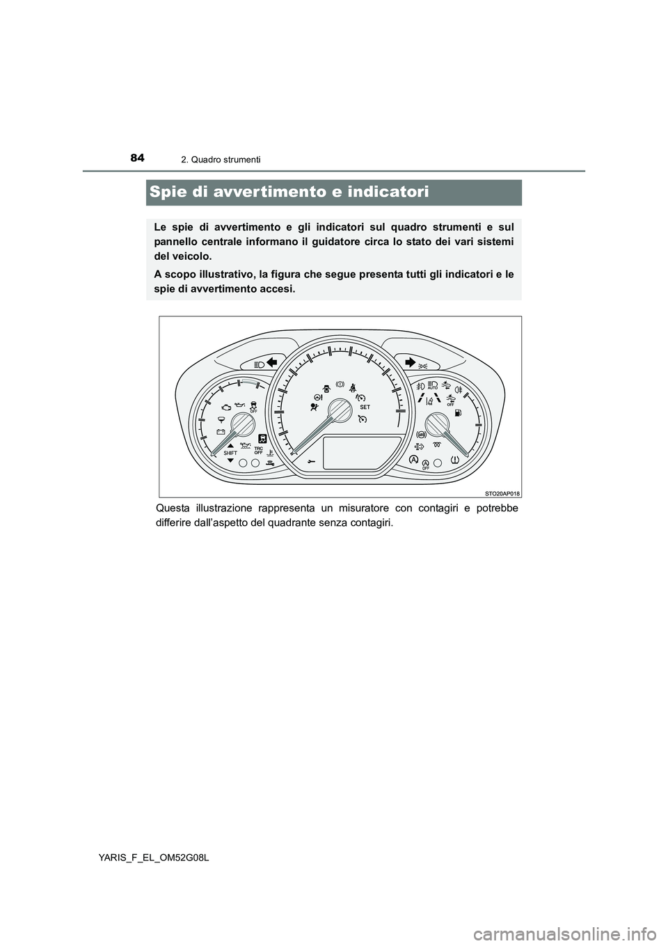 TOYOTA YARIS 2016  Manuale duso (in Italian) 842. Quadro strumenti
YARIS_F_EL_OM52G08L
Spie di avvertimento e indicatori
Questa illustrazione rappresenta un misuratore con contagiri e potrebbe 
differire dall’aspetto del quadrante senza contag