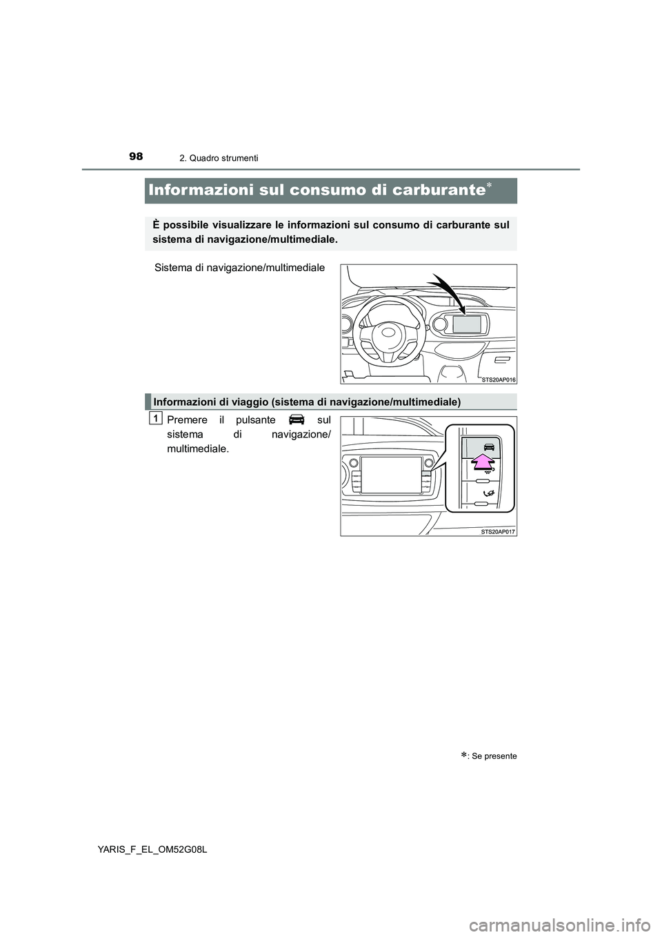 TOYOTA YARIS 2016  Manuale duso (in Italian) 982. Quadro strumenti
YARIS_F_EL_OM52G08L
Infor mazioni sul consumo di carburante
Sistema di navigazione/multimediale 
Premere il pulsante   sul 
sistema di navigazione/ 
multimediale.
: Se pres