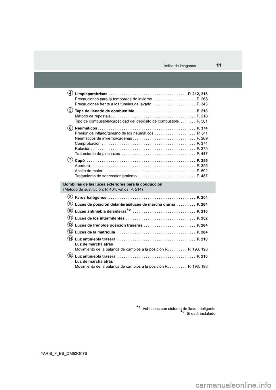 TOYOTA YARIS 2016 Manuale de Empleo (in Spanish) 11Índice de imágenes
YARIS_F_ES_OM52G07S
Limpiaparabrisas . . . . . . . . . . . . . . . . . . . . . . . . . . . . . . . . . . . . P. 212, 216
Precauciones para la temporada de invierno . . . . . TOYOTA YARIS 2016 Manuale de Empleo (in Spanish) 11Índice de imágenes
YARIS_F_ES_OM52G07S
Limpiaparabrisas . . . . . . . . . . . . . . . . . . . . . . . . . . . . . . . . . . . . P. 212, 216
Precauciones para la temporada de invierno . . . . .