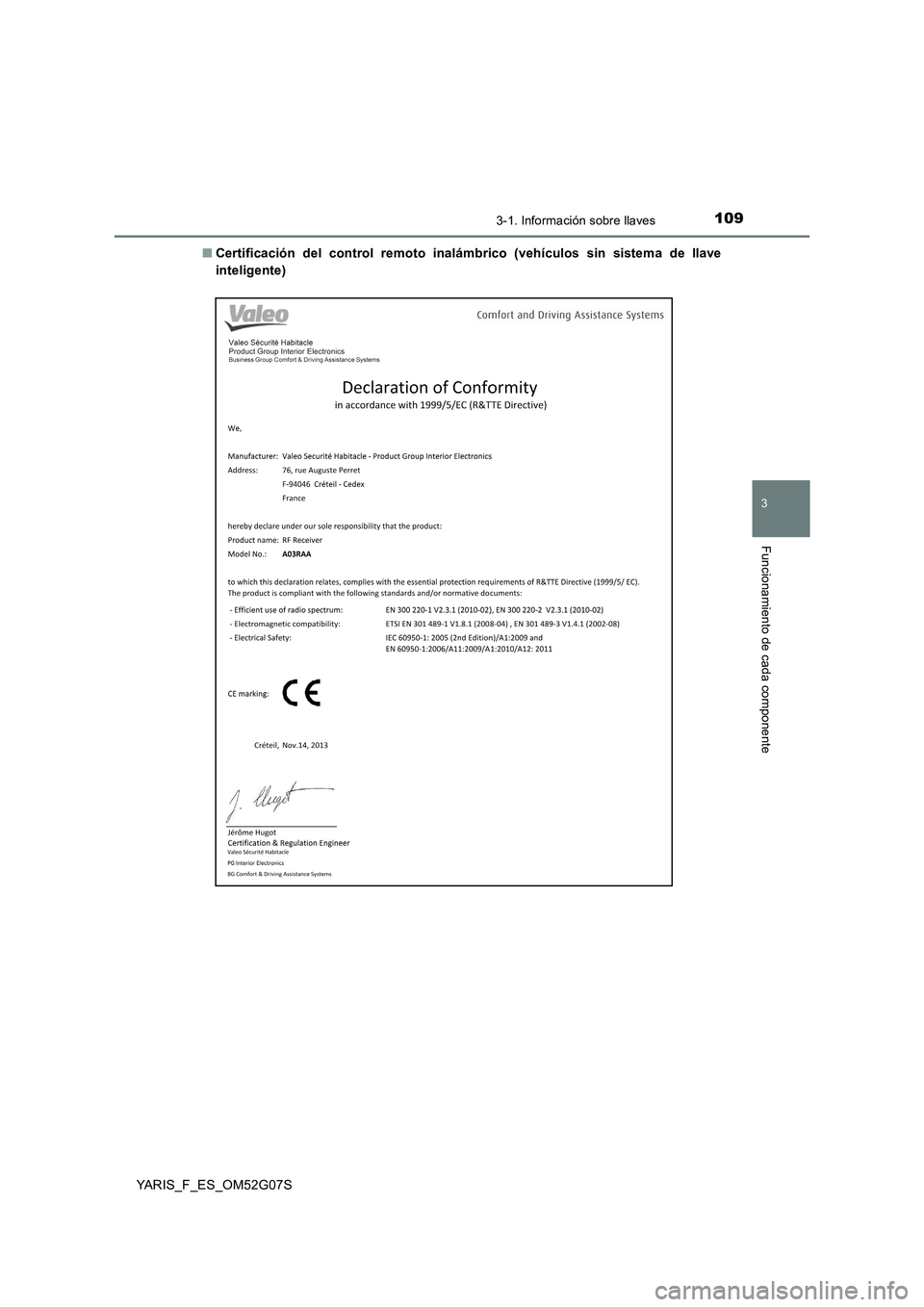 TOYOTA YARIS 2016  Manuale de Empleo (in Spanish) 1093-1. Información sobre llaves
3
Funcionamiento de cada componente
YARIS_F_ES_OM52G07S 
■ Certificación del control remoto inalámbrico (vehículos sin sistema de llave 
inteligente) 