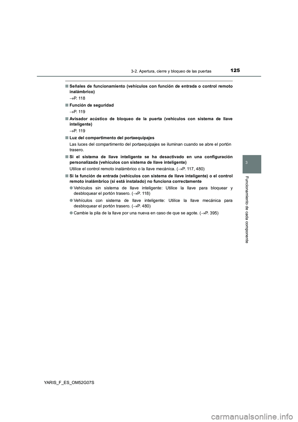 TOYOTA YARIS 2016 Manuale de Empleo (in Spanish) 1253-2. Apertura, cierre y bloqueo de las puertas
3
Funcionamiento de cada componente
YARIS_F_ES_OM52G07S
■Señales de funcionamiento (vehículos con función de entrada o control remoto
inalámbri TOYOTA YARIS 2016 Manuale de Empleo (in Spanish) 1253-2. Apertura, cierre y bloqueo de las puertas
3
Funcionamiento de cada componente
YARIS_F_ES_OM52G07S
■Señales de funcionamiento (vehículos con función de entrada o control remoto
inalámbri
