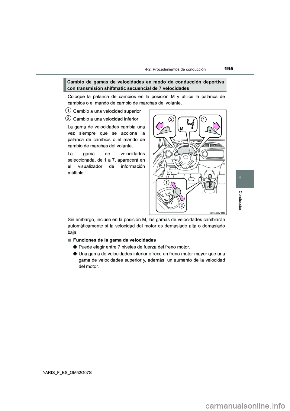 TOYOTA YARIS 2016 Manuale de Empleo (in Spanish) 1954-2. Procedimientos de conducción
4
Conducción
YARIS_F_ES_OM52G07S
Coloque la palanca de cambios en la posición M y utilice la palanca de
cambios o el mando de cambio de marchas del volante.
C TOYOTA YARIS 2016 Manuale de Empleo (in Spanish) 1954-2. Procedimientos de conducción
4
Conducción
YARIS_F_ES_OM52G07S
Coloque la palanca de cambios en la posición M y utilice la palanca de
cambios o el mando de cambio de marchas del volante.
C