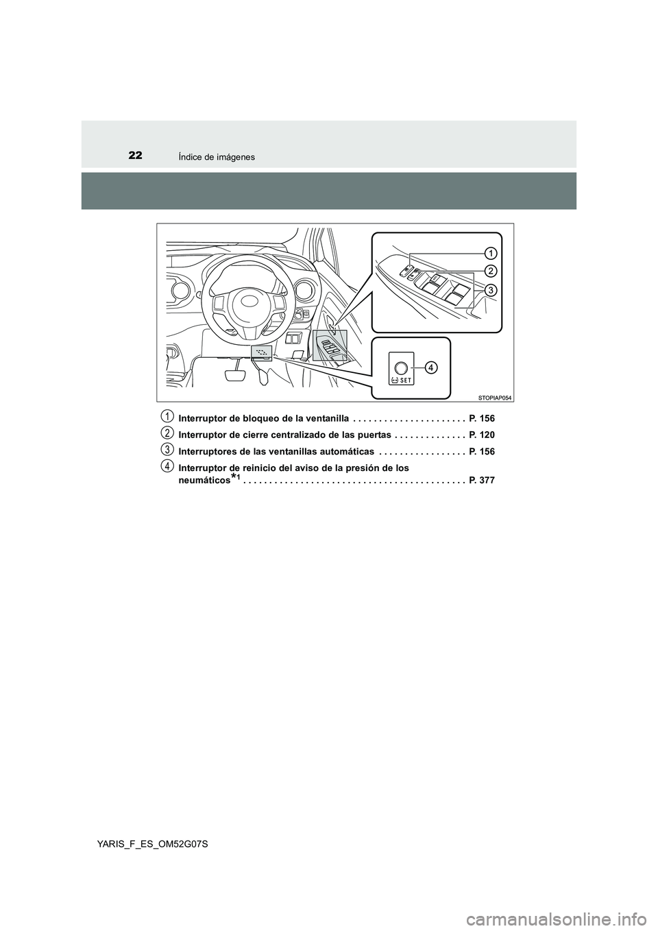 TOYOTA YARIS 2016  Manuale de Empleo (in Spanish) 22Índice de imágenes
YARIS_F_ES_OM52G07S 
Interruptor de bloqueo de la ventanilla  . . . . . . . . . . . . . . . . . . . . . .  P. 156 
Interruptor de cierre centralizado de las puertas  . . . . . .