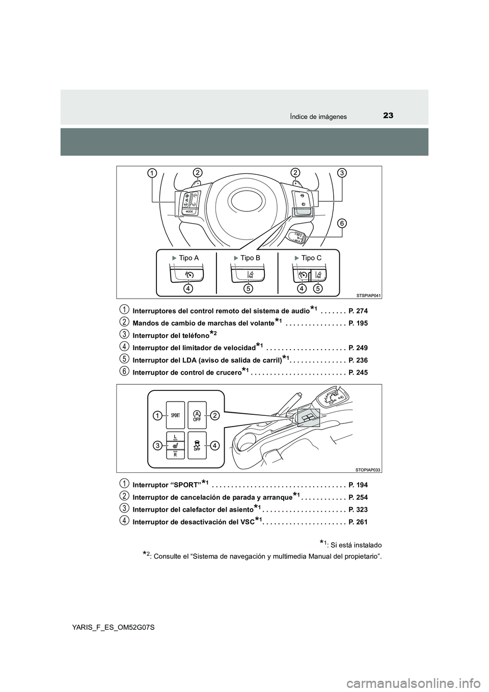 TOYOTA YARIS 2016 Manuale de Empleo (in Spanish) 23Índice de imágenes
YARIS_F_ES_OM52G07S
Interruptores del control remoto del sistema de audio*1 . . . . . . . P. 274
Mandos de cambio de marchas del volante*1 . . . . . . . . . . . . . . . . P. TOYOTA YARIS 2016 Manuale de Empleo (in Spanish) 23Índice de imágenes
YARIS_F_ES_OM52G07S
Interruptores del control remoto del sistema de audio*1 . . . . . . . P. 274
Mandos de cambio de marchas del volante*1 . . . . . . . . . . . . . . . . P.