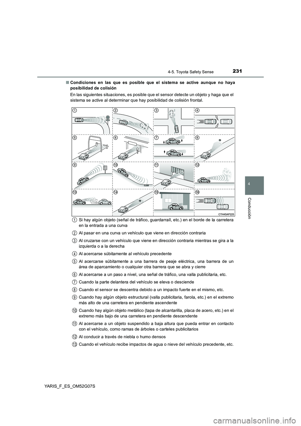 TOYOTA YARIS 2016 Manuale de Empleo (in Spanish) 2314-5. Toyota Safety Sense
4
Conducción
YARIS_F_ES_OM52G07S
■ Condiciones en las que es posible que el sistema se active aunque no haya
posibilidad de colisión
En las siguientes situaciones, e TOYOTA YARIS 2016 Manuale de Empleo (in Spanish) 2314-5. Toyota Safety Sense
4
Conducción
YARIS_F_ES_OM52G07S
■ Condiciones en las que es posible que el sistema se active aunque no haya
posibilidad de colisión
En las siguientes situaciones, e