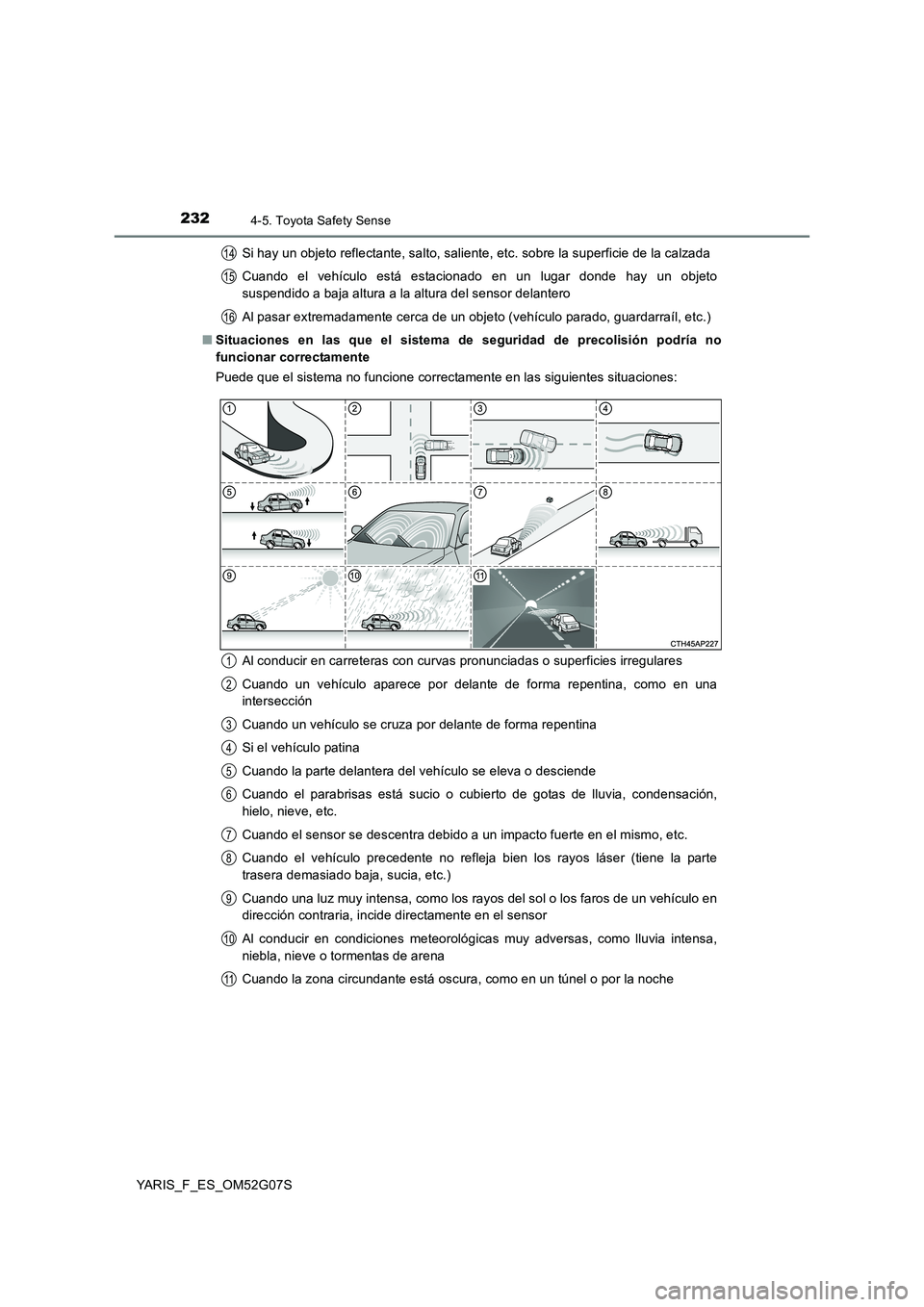 TOYOTA YARIS 2016 Manuale de Empleo (in Spanish) 2324-5. Toyota Safety Sense
YARIS_F_ES_OM52G07S
Si hay un objeto reflectante, salto, saliente, etc. sobre la superficie de la calzada
Cuando el vehículo está estacionado en un lugar donde hay un o TOYOTA YARIS 2016 Manuale de Empleo (in Spanish) 2324-5. Toyota Safety Sense
YARIS_F_ES_OM52G07S
Si hay un objeto reflectante, salto, saliente, etc. sobre la superficie de la calzada
Cuando el vehículo está estacionado en un lugar donde hay un o