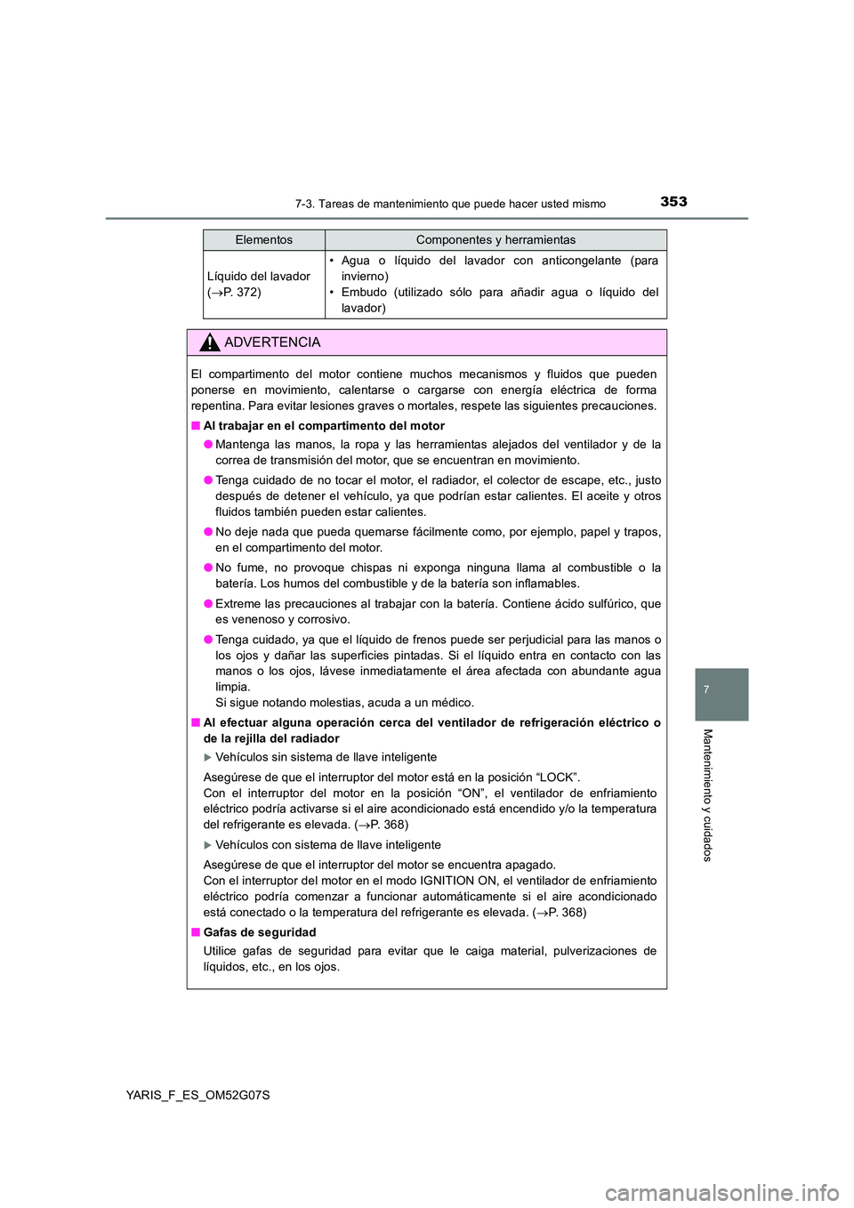 TOYOTA YARIS 2016 Manuale de Empleo (in Spanish) 3537-3. Tareas de mantenimiento que puede hacer usted mismo
7
Mantenimiento y cuidados
YARIS_F_ES_OM52G07S
Líquido del lavador
( P. 372)
• Agua o líquido del lavador con anticongelante (para TOYOTA YARIS 2016 Manuale de Empleo (in Spanish) 3537-3. Tareas de mantenimiento que puede hacer usted mismo
7
Mantenimiento y cuidados
YARIS_F_ES_OM52G07S
Líquido del lavador
( P. 372)
• Agua o líquido del lavador con anticongelante (para