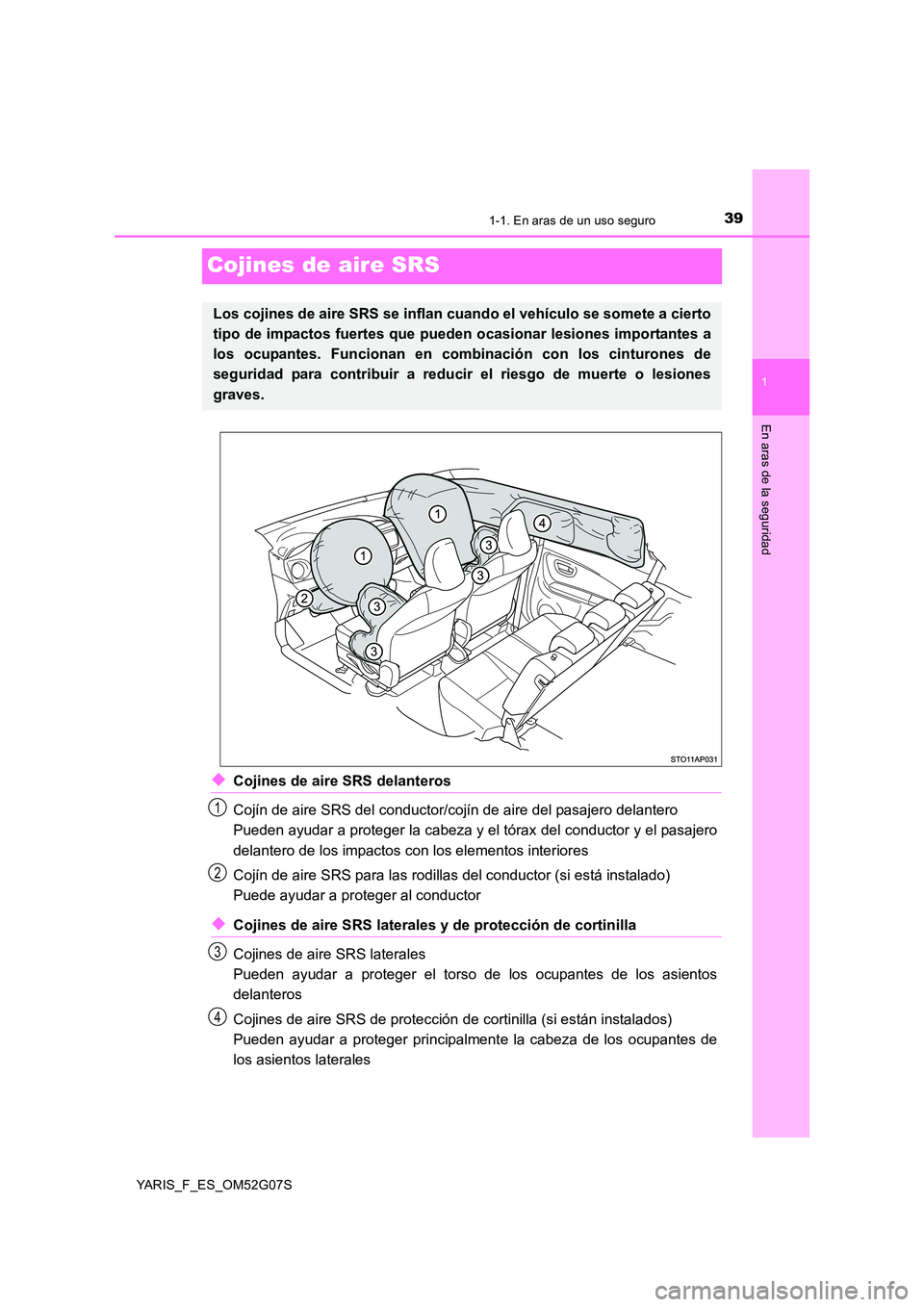 TOYOTA YARIS 2016 Manuale de Empleo (in Spanish) 391-1. En aras de un uso seguro
1
En aras de la seguridad
YARIS_F_ES_OM52G07S
Cojines de aire SRS
◆Cojines de aire SRS delanteros
Cojín de aire SRS del conductor/cojín de aire del pasajero delant TOYOTA YARIS 2016 Manuale de Empleo (in Spanish) 391-1. En aras de un uso seguro
1
En aras de la seguridad
YARIS_F_ES_OM52G07S
Cojines de aire SRS
◆Cojines de aire SRS delanteros
Cojín de aire SRS del conductor/cojín de aire del pasajero delant