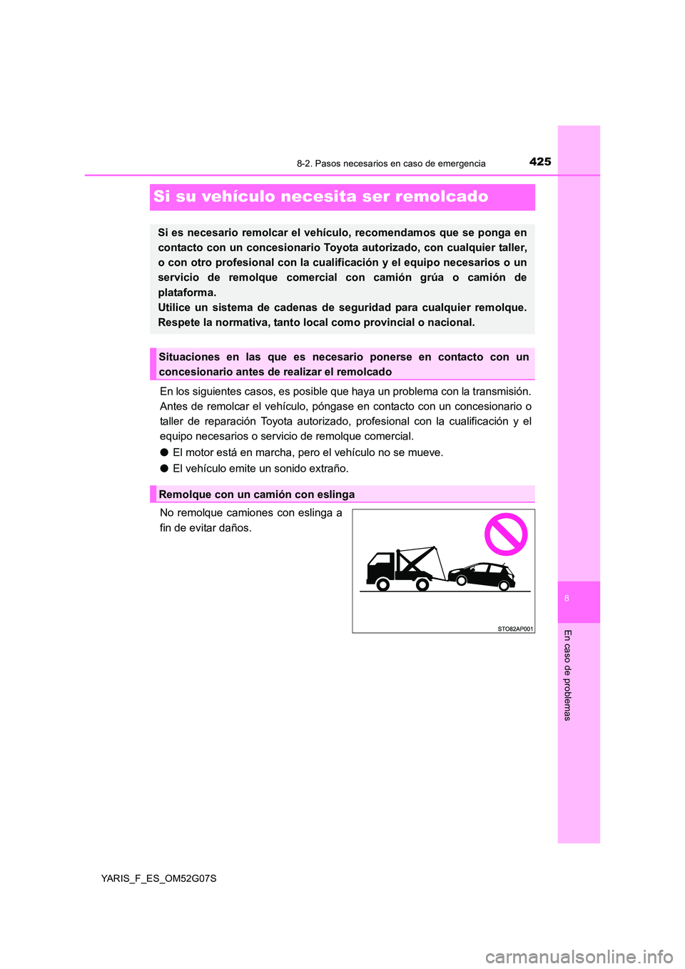 TOYOTA YARIS 2016 Manuale de Empleo (in Spanish) 4258-2. Pasos necesarios en caso de emergencia
8
En caso de problemas
YARIS_F_ES_OM52G07S
Si su vehículo necesita ser remolcado
En los siguientes casos, es posible que haya un problema con la transmi TOYOTA YARIS 2016 Manuale de Empleo (in Spanish) 4258-2. Pasos necesarios en caso de emergencia
8
En caso de problemas
YARIS_F_ES_OM52G07S
Si su vehículo necesita ser remolcado
En los siguientes casos, es posible que haya un problema con la transmi