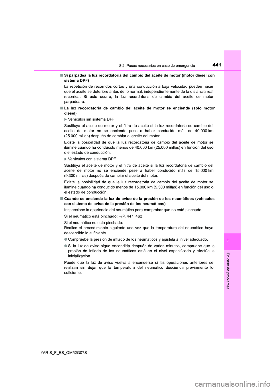 TOYOTA YARIS 2016 Manuale de Empleo (in Spanish) 4418-2. Pasos necesarios en caso de emergencia
8
En caso de problemas
YARIS_F_ES_OM52G07S
■ Si parpadea la luz recordatoria del cambio del aceite de motor (motor diésel con
sistema DPF)
La repet TOYOTA YARIS 2016 Manuale de Empleo (in Spanish) 4418-2. Pasos necesarios en caso de emergencia
8
En caso de problemas
YARIS_F_ES_OM52G07S
■ Si parpadea la luz recordatoria del cambio del aceite de motor (motor diésel con
sistema DPF)
La repet