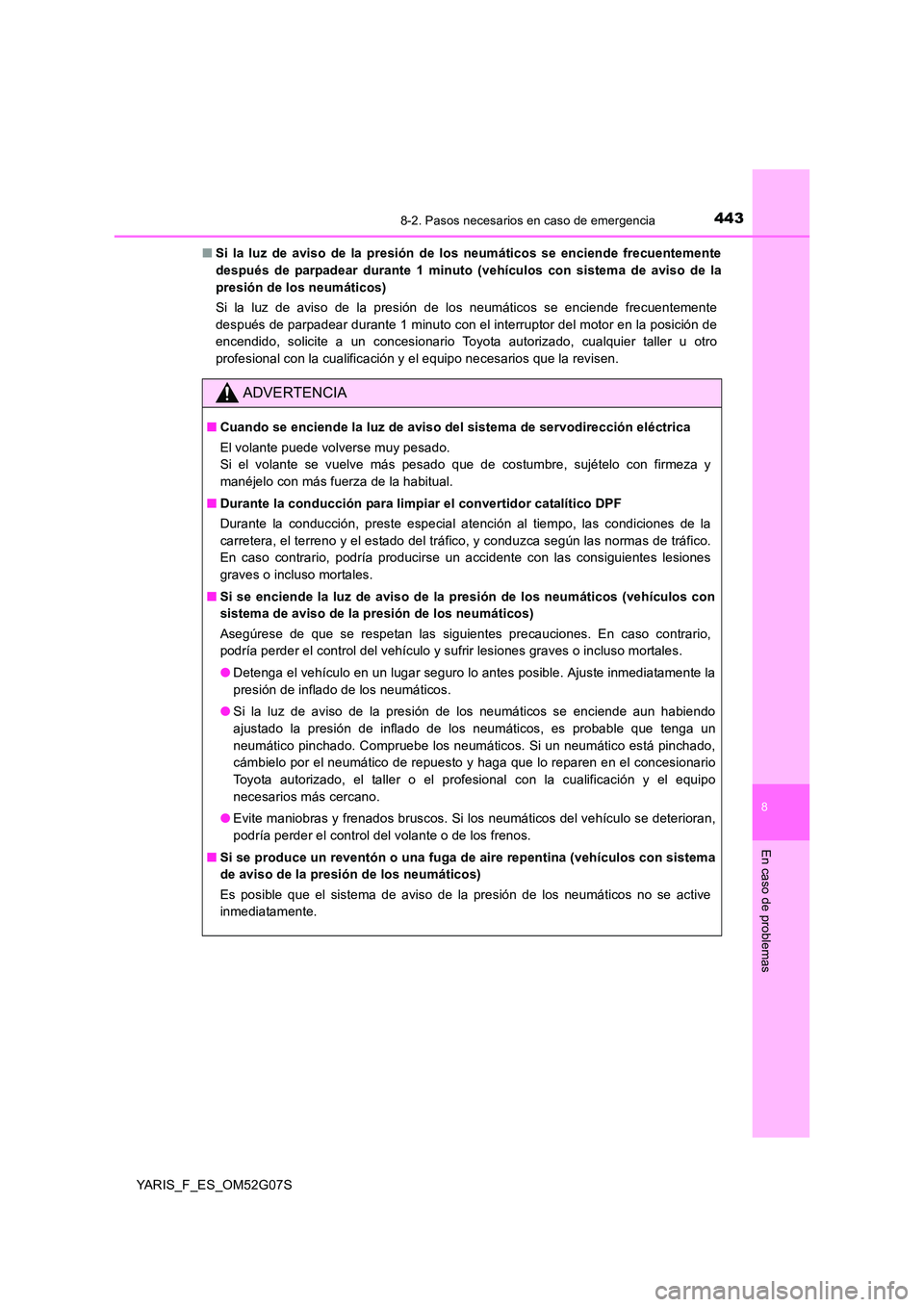 TOYOTA YARIS 2016 Manuale de Empleo (in Spanish) 4438-2. Pasos necesarios en caso de emergencia
8
En caso de problemas
YARIS_F_ES_OM52G07S
■ Si la luz de aviso de la presión de los neumáticos se enciende frecuentemente
después de parpadear du TOYOTA YARIS 2016 Manuale de Empleo (in Spanish) 4438-2. Pasos necesarios en caso de emergencia
8
En caso de problemas
YARIS_F_ES_OM52G07S
■ Si la luz de aviso de la presión de los neumáticos se enciende frecuentemente
después de parpadear du