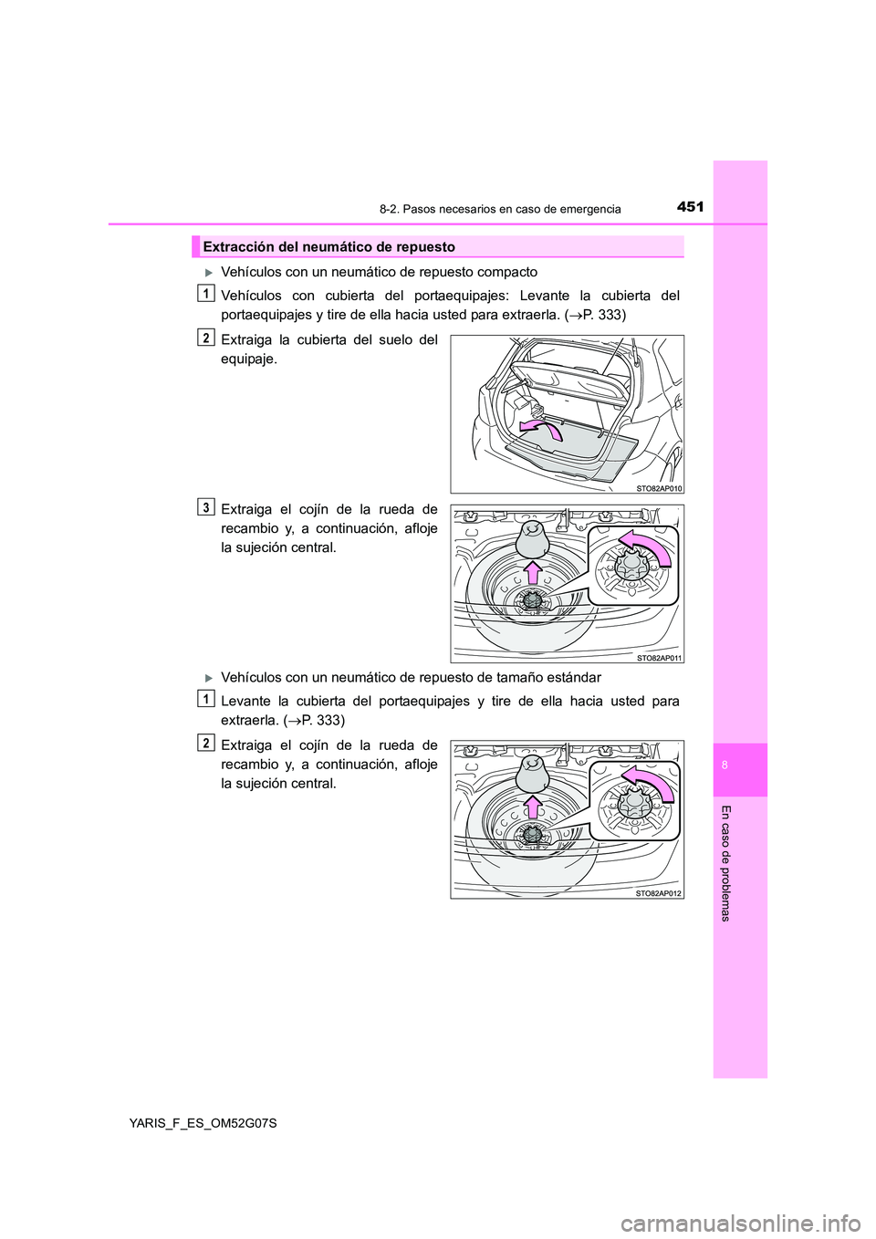 TOYOTA YARIS 2016  Manuale de Empleo (in Spanish) 4518-2. Pasos necesarios en caso de emergencia
8
En caso de problemas
YARIS_F_ES_OM52G07S
Vehículos con un neumático de repuesto compacto 
Vehículos con cubierta del portaequipajes: Levante la c