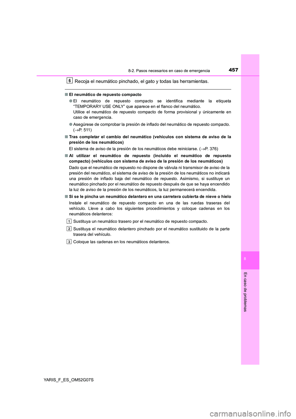 TOYOTA YARIS 2016 Manuale de Empleo (in Spanish) 4578-2. Pasos necesarios en caso de emergencia
8
En caso de problemas
YARIS_F_ES_OM52G07S
Recoja el neumático pinchado, el gato y todas las herramientas.
■El neumático de repuesto compacto
● El TOYOTA YARIS 2016 Manuale de Empleo (in Spanish) 4578-2. Pasos necesarios en caso de emergencia
8
En caso de problemas
YARIS_F_ES_OM52G07S
Recoja el neumático pinchado, el gato y todas las herramientas.
■El neumático de repuesto compacto
● El