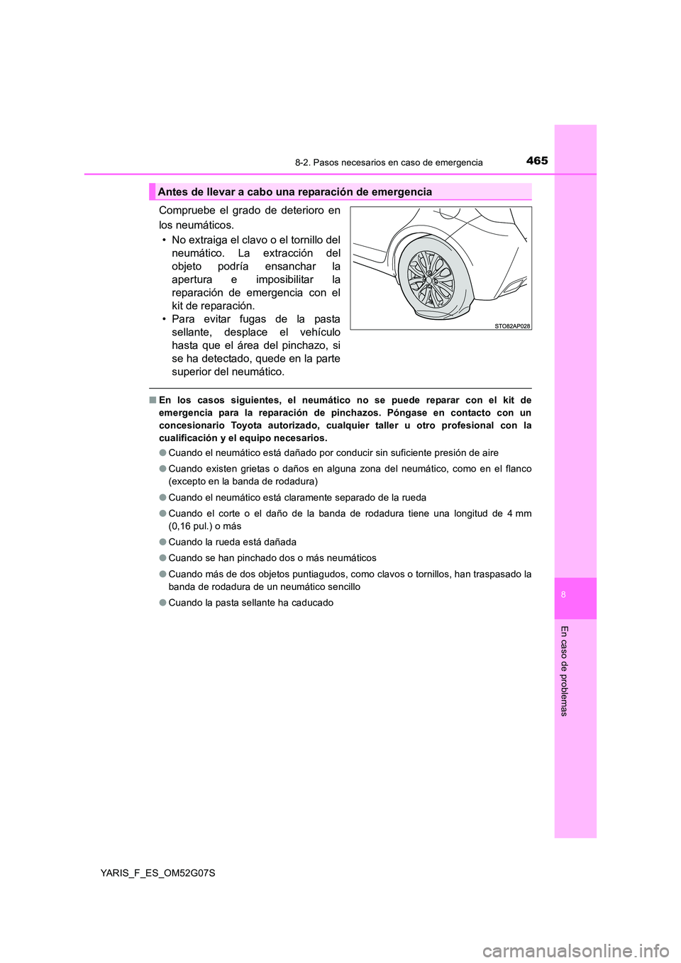 TOYOTA YARIS 2016  Manuale de Empleo (in Spanish) 4658-2. Pasos necesarios en caso de emergencia
8
En caso de problemas
YARIS_F_ES_OM52G07S
Compruebe el grado de deterioro en 
los neumáticos.
• No extraiga el clavo o el tornillo del 
neumático. L