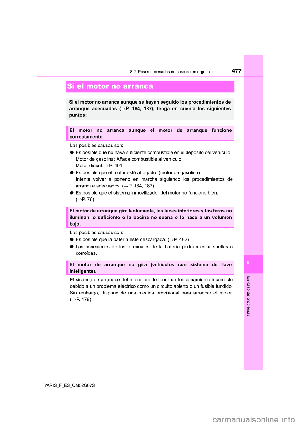TOYOTA YARIS 2016 Manuale de Empleo (in Spanish) 4778-2. Pasos necesarios en caso de emergencia
8
En caso de problemas
YARIS_F_ES_OM52G07S
Si el motor no arranca
Las posibles causas son:
● Es posible que no haya suficiente combustible en el depó TOYOTA YARIS 2016 Manuale de Empleo (in Spanish) 4778-2. Pasos necesarios en caso de emergencia
8
En caso de problemas
YARIS_F_ES_OM52G07S
Si el motor no arranca
Las posibles causas son:
● Es posible que no haya suficiente combustible en el depó