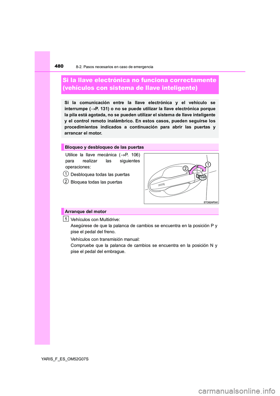 TOYOTA YARIS 2016  Manuale de Empleo (in Spanish) 4808-2. Pasos necesarios en caso de emergencia
YARIS_F_ES_OM52G07S
Si la llave electrónica no funciona correctamente  
(vehículos con sistema de llave inteligente)
Utilice la llave mecánica ( P.
