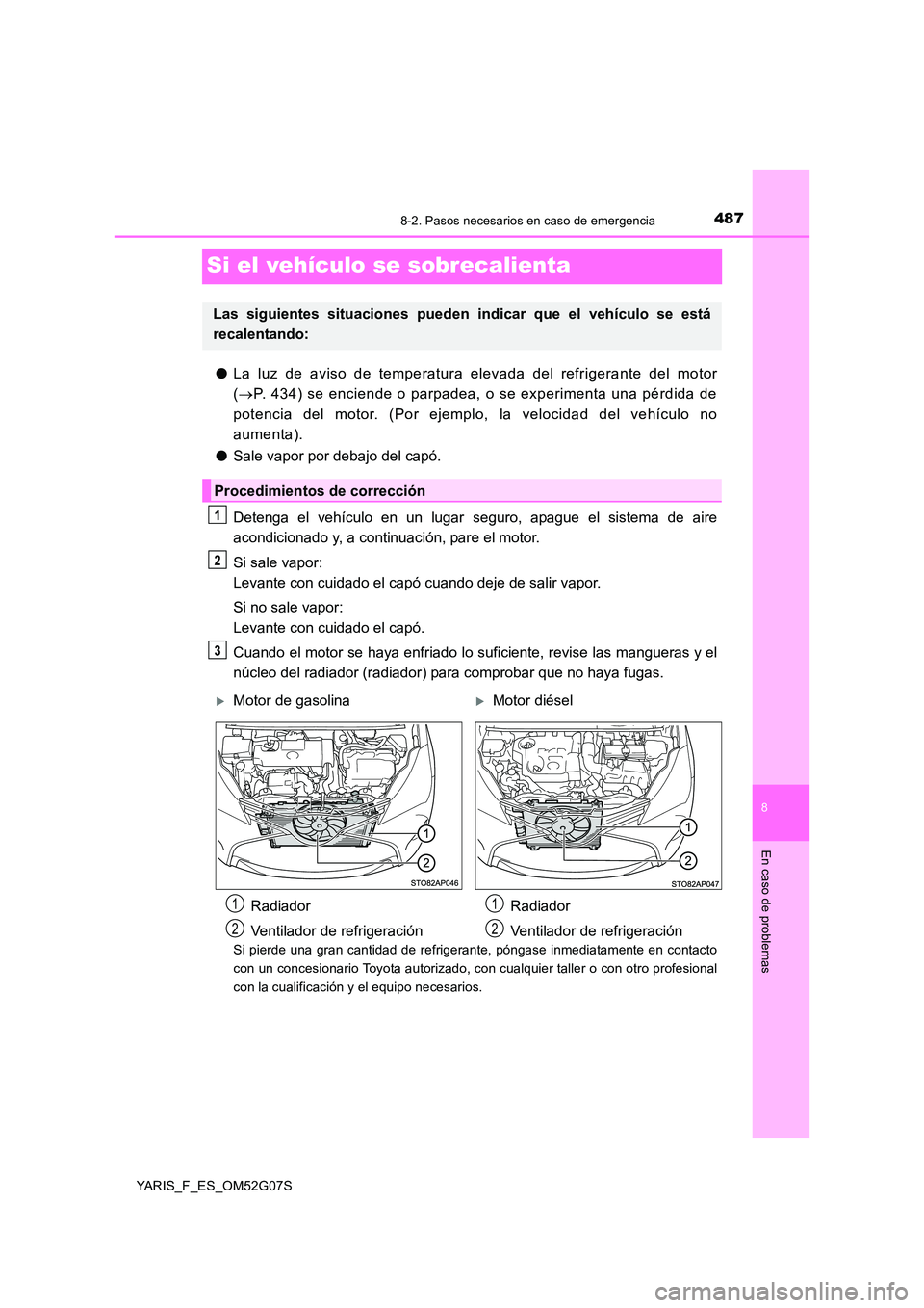 TOYOTA YARIS 2016 Manuale de Empleo (in Spanish) 4878-2. Pasos necesarios en caso de emergencia
8
En caso de problemas
YARIS_F_ES_OM52G07S
Si el vehículo se sobrecalienta
●La luz de aviso de temperatura elevada del refrigerante del motor
( P. TOYOTA YARIS 2016 Manuale de Empleo (in Spanish) 4878-2. Pasos necesarios en caso de emergencia
8
En caso de problemas
YARIS_F_ES_OM52G07S
Si el vehículo se sobrecalienta
●La luz de aviso de temperatura elevada del refrigerante del motor
( P.