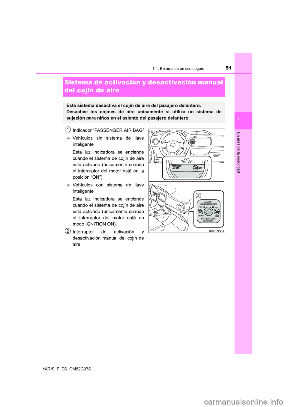 TOYOTA YARIS 2016  Manuale de Empleo (in Spanish) 511-1. En aras de un uso seguro
1
En aras de la seguridad
YARIS_F_ES_OM52G07S
Sistema de activación y desactivación manual  
del cojín de aire
Indicador “PASSENGER AIR BAG”
Vehículos sin si