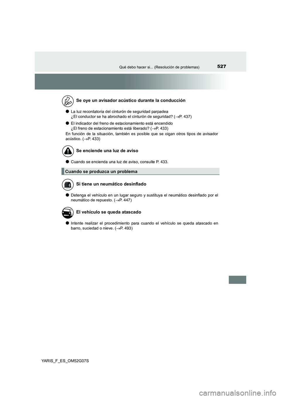 TOYOTA YARIS 2016  Manuale de Empleo (in Spanish) 527Qué debo hacer si... (Resolución de problemas)
YARIS_F_ES_OM52G07S
●La luz recordatoria del cinturón de seguridad parpadea  
¿El conductor se ha abrochado el cinturón de seguridad? ( P. 4