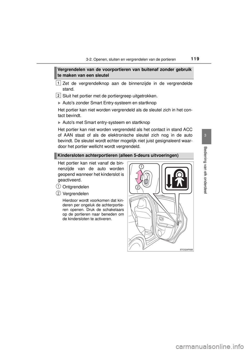 TOYOTA YARIS 2015  Instructieboekje (in Dutch) 1193-2. Openen, sluiten en vergrendelen van de portieren
3
Bediening van elk onderdeel
YARIS_F_WE_52D53E
Zet de vergrendelknop aan de binnenzijde in de vergrendelde
stand.
Sluit het portier met de por