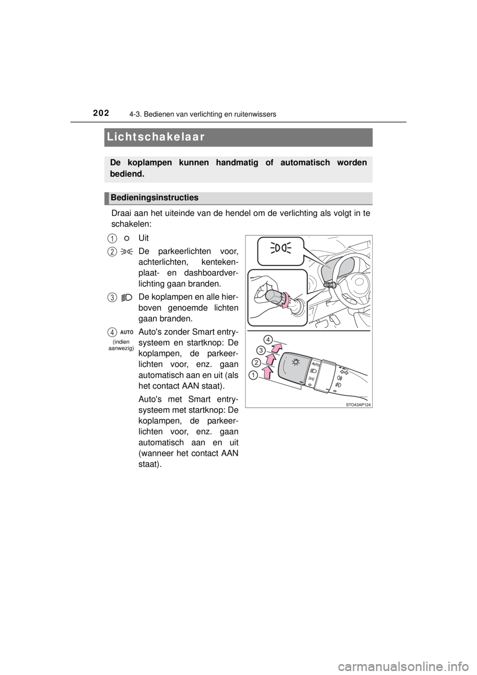 TOYOTA YARIS 2015  Instructieboekje (in Dutch) 2024-3. Bedienen van verlichting en ruitenwissers
YARIS_F_WE_52D53E
Lichtschakelaar
Draai aan het uiteinde van de hendel om de verlichting als volgt in te
schakelen:
Uit
De parkeerlichten voor,
achter