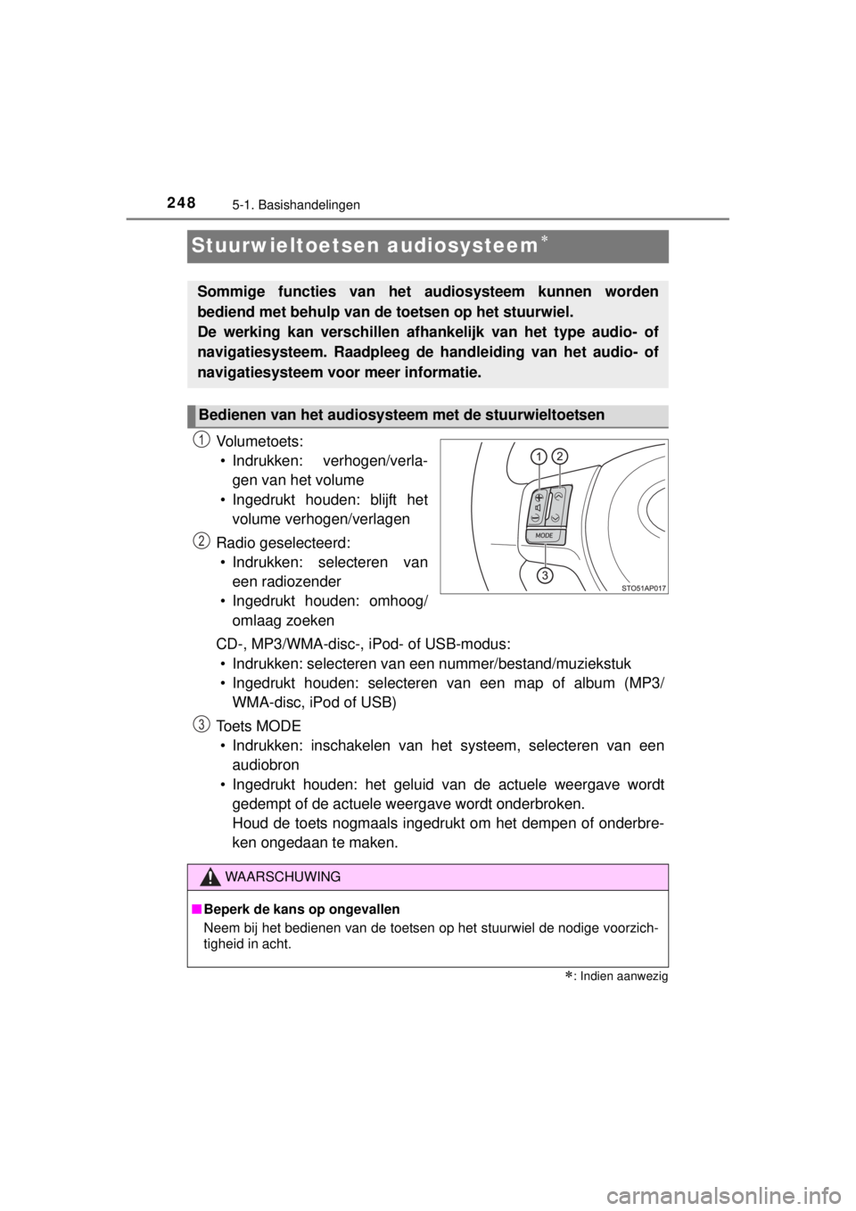 TOYOTA YARIS 2015  Instructieboekje (in Dutch) 2485-1. Basishandelingen
YARIS_F_WE_52D53E
Stuurwieltoetsen audiosysteem
Vo l u m e t o e ts :
• Indrukken: verhogen/verla-
gen van het volume
• Ingedrukt houden: blijft het
volume verhogen/ver