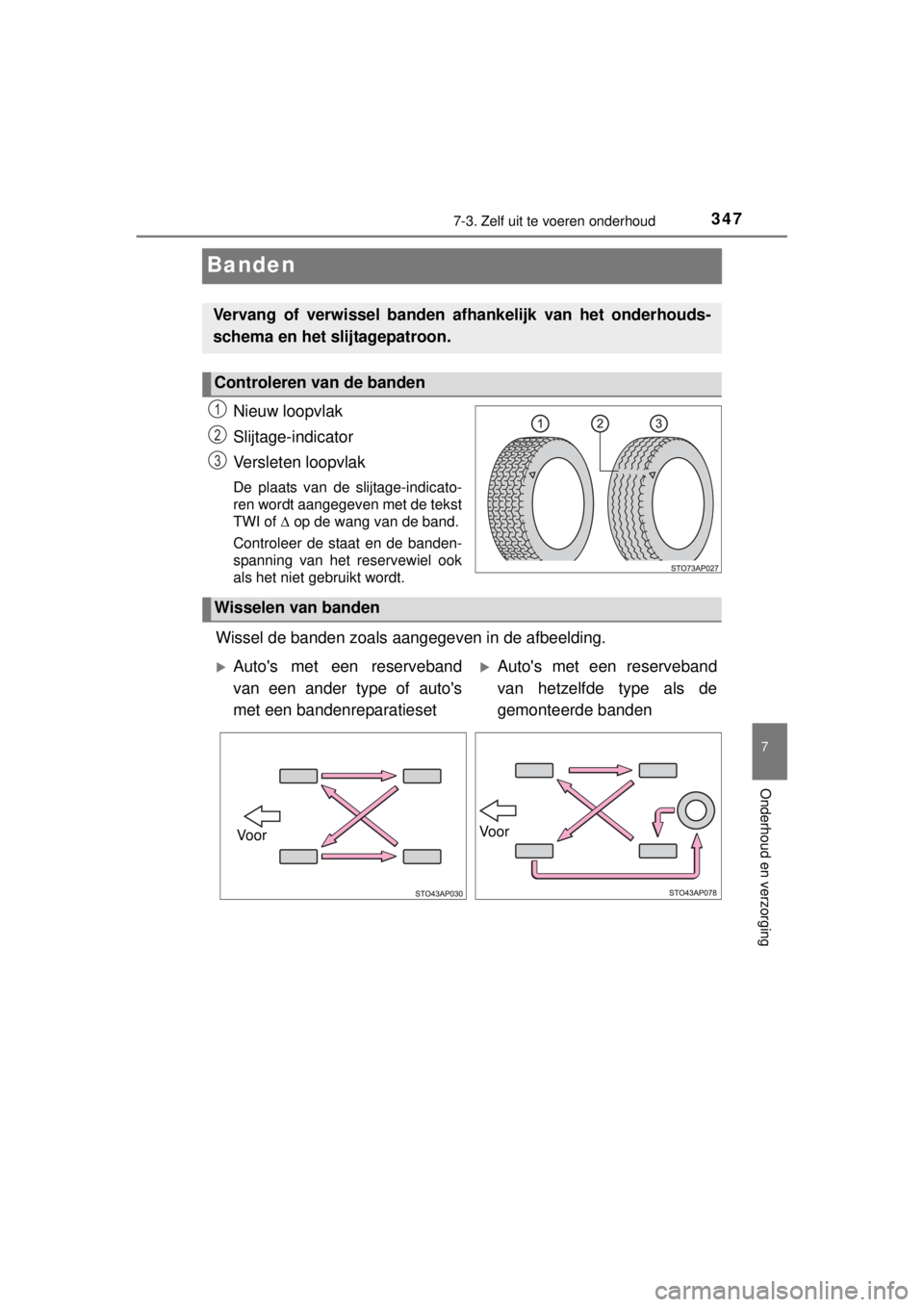 TOYOTA YARIS 2015  Instructieboekje (in Dutch) 3477-3. Zelf uit te voeren onderhoud
7
Onderhoud en verzorging
YARIS_F_WE_52D53E
Banden
Nieuw loopvlak
Slijtage-indicator
Versleten loopvlak
De plaats van de slijtage-indicato-
ren wordt aangegeven me