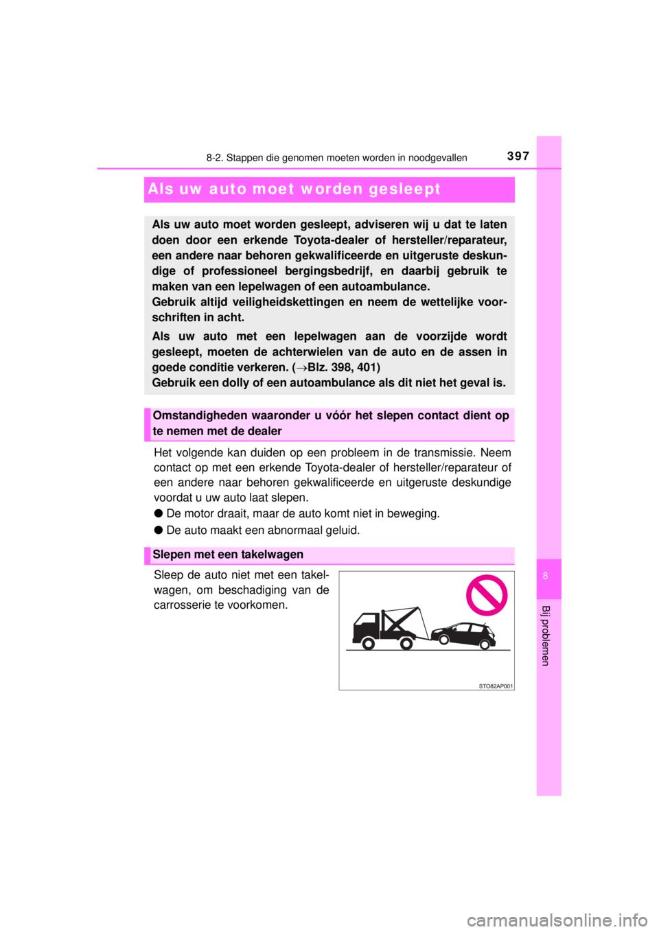 TOYOTA YARIS 2015  Instructieboekje (in Dutch) 3978-2. Stappen die genomen moeten worden in noodgevallen
8
Bij problemen
YARIS_F_WE_52D53E
Als uw auto moet worden gesleept
Het volgende kan duiden op een probleem in de transmissie. Neem
contact op 