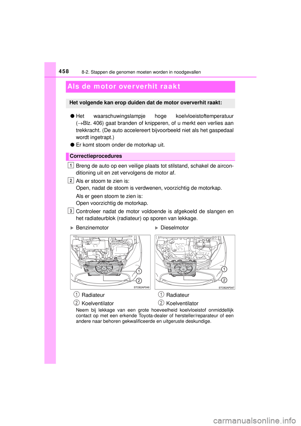 TOYOTA YARIS 2015  Instructieboekje (in Dutch) 4588-2. Stappen die genomen moeten worden in noodgevallen
YARIS_F_WE_52D53E
Als de motor over verhit raakt
●Het waarschuwingslampje hoge koelvloeistoftemperatuur
(Blz. 406) gaat branden of knippe