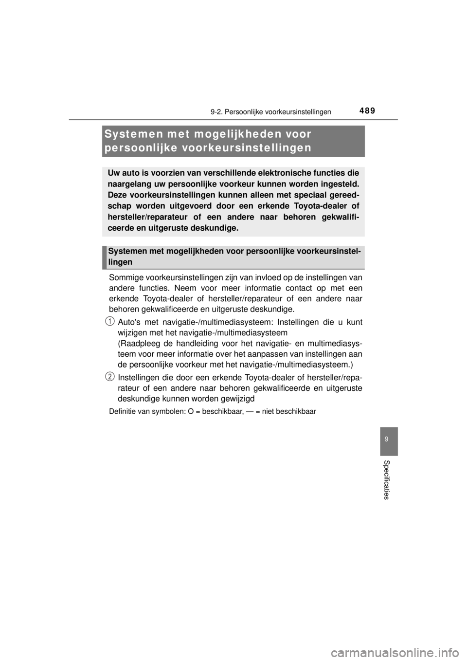TOYOTA YARIS 2015  Instructieboekje (in Dutch) 4899-2. Persoonlijke voorkeursinstellingen
9
Specificaties
YARIS_F_WE_52D53E
Systemen met mogelijkheden voor 
persoonlijke voorkeursinstellingen
Sommige voorkeursinstellingen zijn van invloed op de in