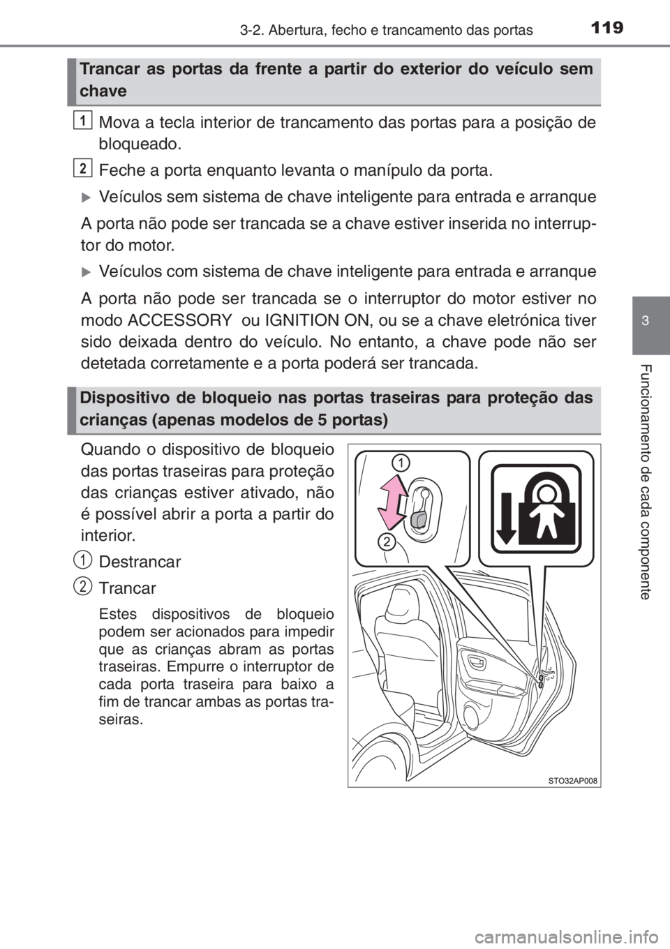 TOYOTA YARIS 2015  Manual de utilização (in Portuguese) 1193-2. Abertura, fecho e trancamento das portas
3
Funcionamento de cada componente
Mova a tecla interior de trancamento das portas para a posição de
bloqueado.
Feche a porta enquanto levanta o man