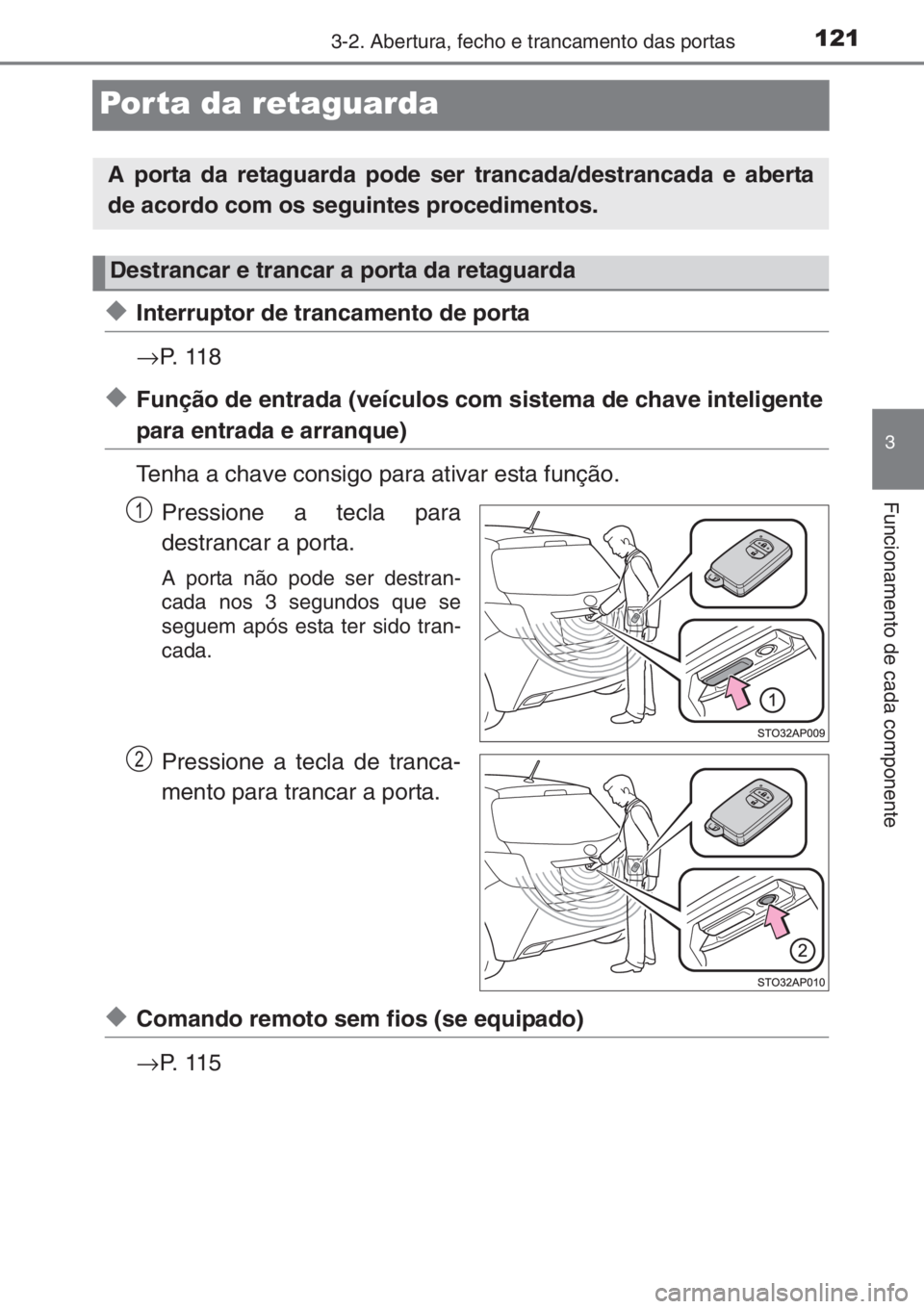 TOYOTA YARIS 2015  Manual de utilização (in Portuguese) 121
3
3-2. Abertura, fecho e trancamento das portas
Funcionamento de cada componente
Porta da retaguarda
◆Interruptor de trancamento de porta
→P.  1 1 8
◆Função de entrada (veículos com siste