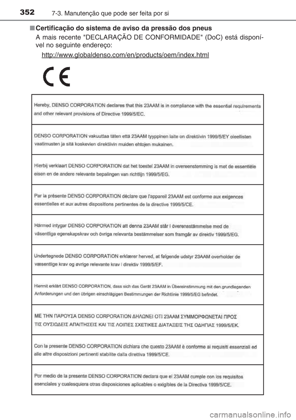 TOYOTA YARIS 2015  Manual de utilização (in Portuguese) 3527-3. Manutenção que pode ser feita por si
■Certificação do sistema de aviso da pressão dos pneus
A mais recente "DECLARAÇÃO DE CONFORMIDADE" (DoC) está disponí-
vel no seguinte e