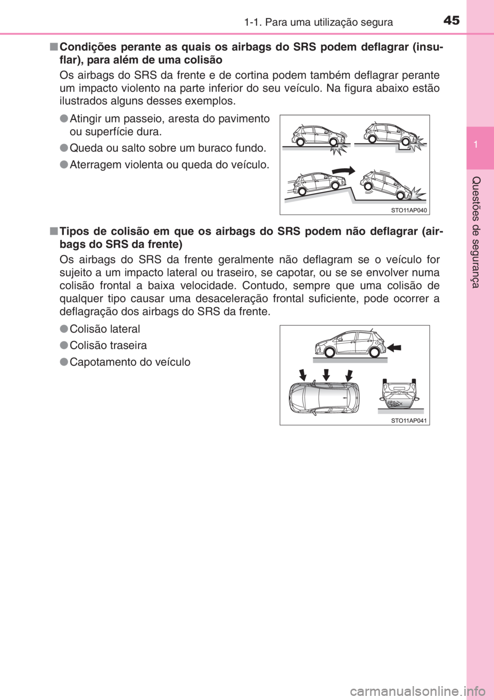 TOYOTA YARIS 2015  Manual de utilização (in Portuguese) 451-1. Para uma utilização segura
1
Questões de segurança
■Condições perante as quais os airbags do SRS podem deflagrar (insu-
flar), para além de uma colisão 
Os airbags do SRS da frente e 
