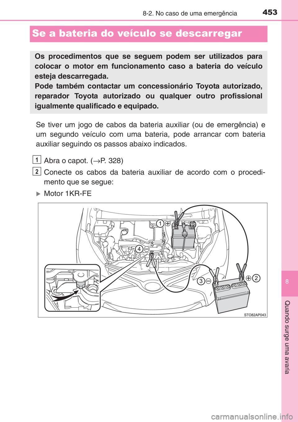 TOYOTA YARIS 2015  Manual de utilização (in Portuguese) 4538-2. No caso de uma emergência
8
Quando surge uma avaria
Se a bateria do veículo se descarregar
Se tiver um jogo de cabos da bateria auxiliar (ou de emergência) e
um segundo veículo com uma bat