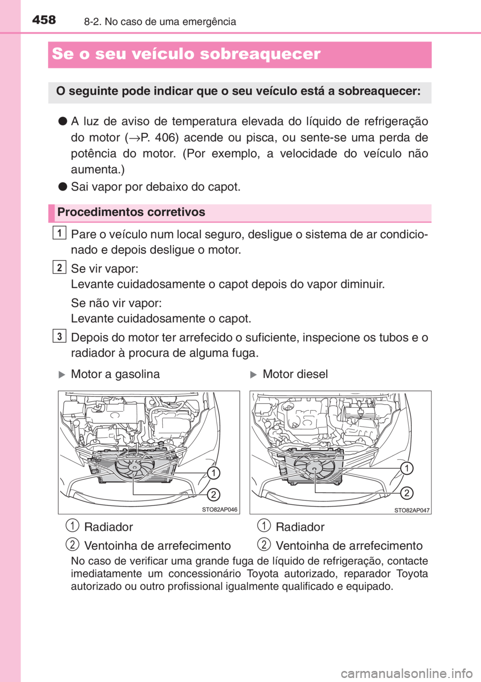 TOYOTA YARIS 2015 Manual de utilização (in Portuguese) 4588-2. No caso de uma emergência
Se o seu veículo sobreaquecer
●A luz de aviso de temperatura elevada do líquido de refrigeração
do motor (→P. 406) acende ou pisca, ou sente-se uma perda de
TOYOTA YARIS 2015 Manual de utilização (in Portuguese) 4588-2. No caso de uma emergência
Se o seu veículo sobreaquecer
●A luz de aviso de temperatura elevada do líquido de refrigeração
do motor (→P. 406) acende ou pisca, ou sente-se uma perda de