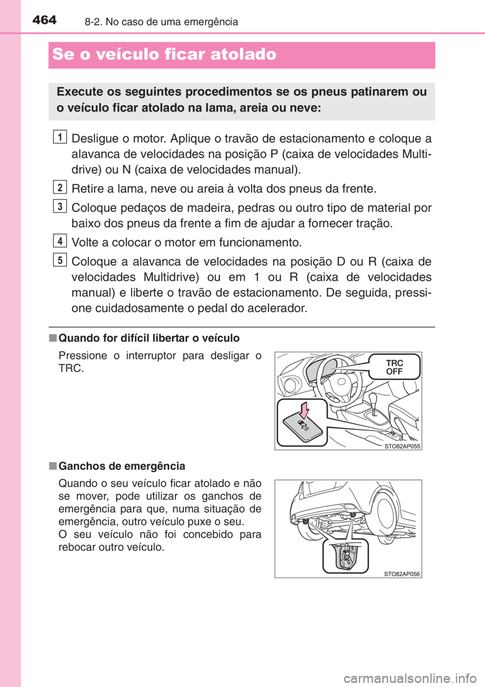 TOYOTA YARIS 2015 Manual de utilização (in Portuguese) 4648-2. No caso de uma emergência
Se o veículo ficar atolado
Desligue o motor. Aplique o travão de estacionamento e coloque a
alavanca de velocidades na posição P (caixa de velocidades Multi-
dri TOYOTA YARIS 2015 Manual de utilização (in Portuguese) 4648-2. No caso de uma emergência
Se o veículo ficar atolado
Desligue o motor. Aplique o travão de estacionamento e coloque a
alavanca de velocidades na posição P (caixa de velocidades Multi-
dri