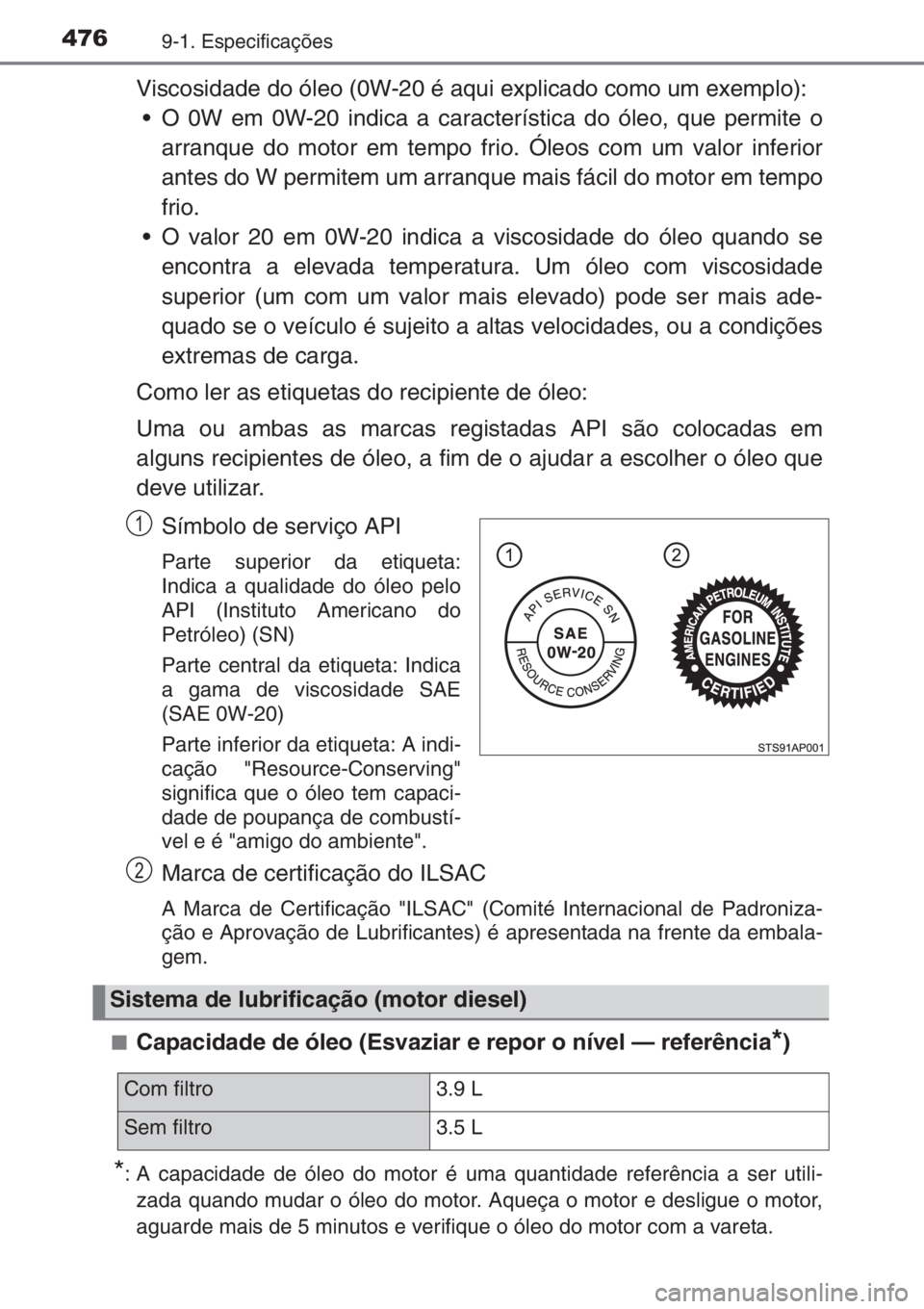 TOYOTA YARIS 2015 Manual de utilização (in Portuguese) 4769-1. Especificações
Viscosidade do óleo (0W-20 é aqui explicado como um exemplo):
• O 0W em 0W-20 indica a característica do óleo, que permite o
arranque do motor em tempo frio. Óleos com TOYOTA YARIS 2015 Manual de utilização (in Portuguese) 4769-1. Especificações
Viscosidade do óleo (0W-20 é aqui explicado como um exemplo):
• O 0W em 0W-20 indica a característica do óleo, que permite o
arranque do motor em tempo frio. Óleos com